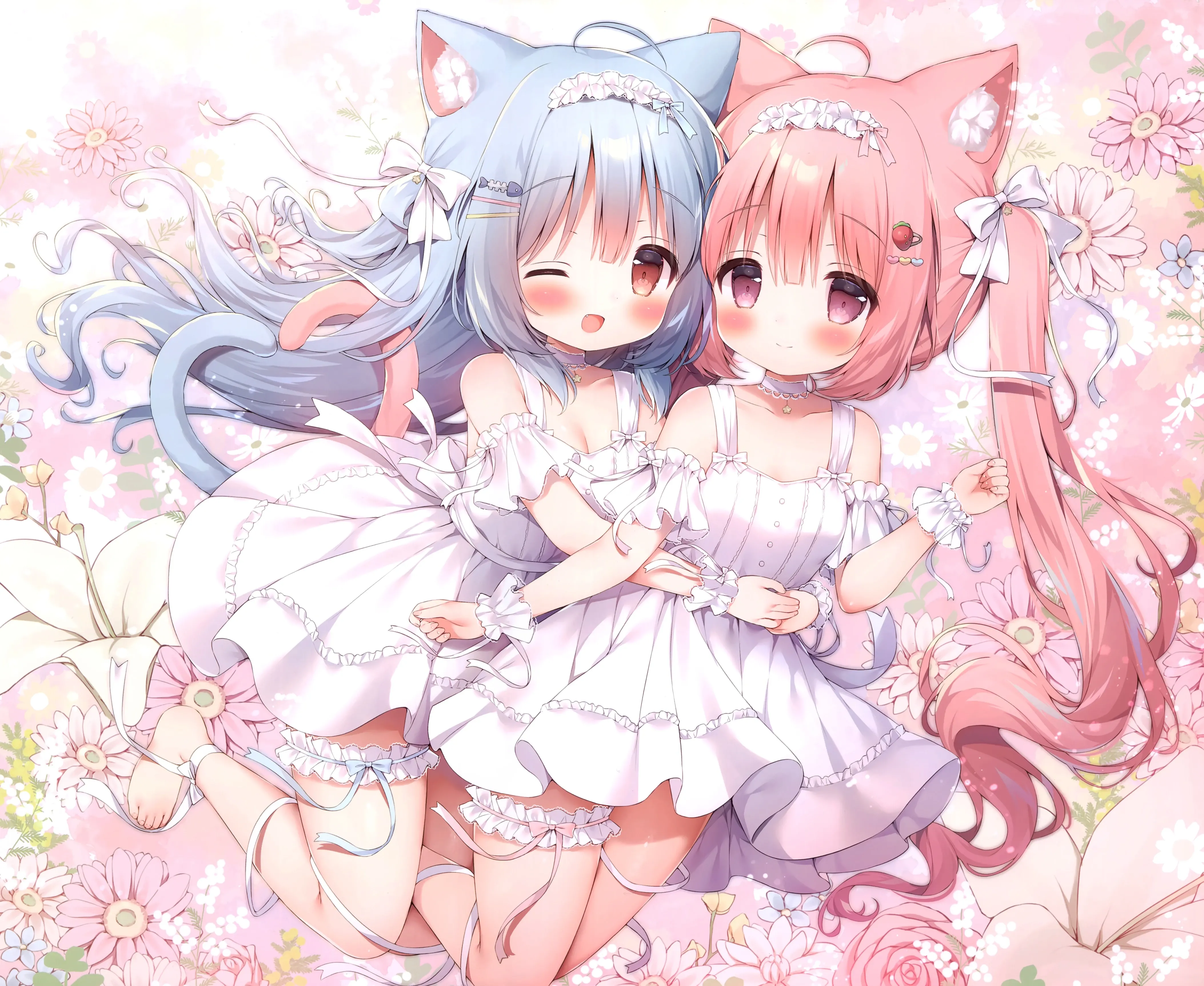 anime cat girls hugging